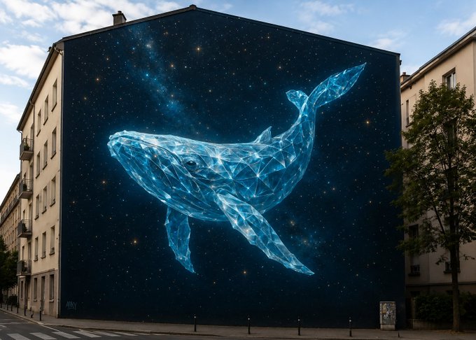 A large mural painted on the side of a building depicts a humpback whale composed of glowing blue geometric lines and stars against a dark, starry background.