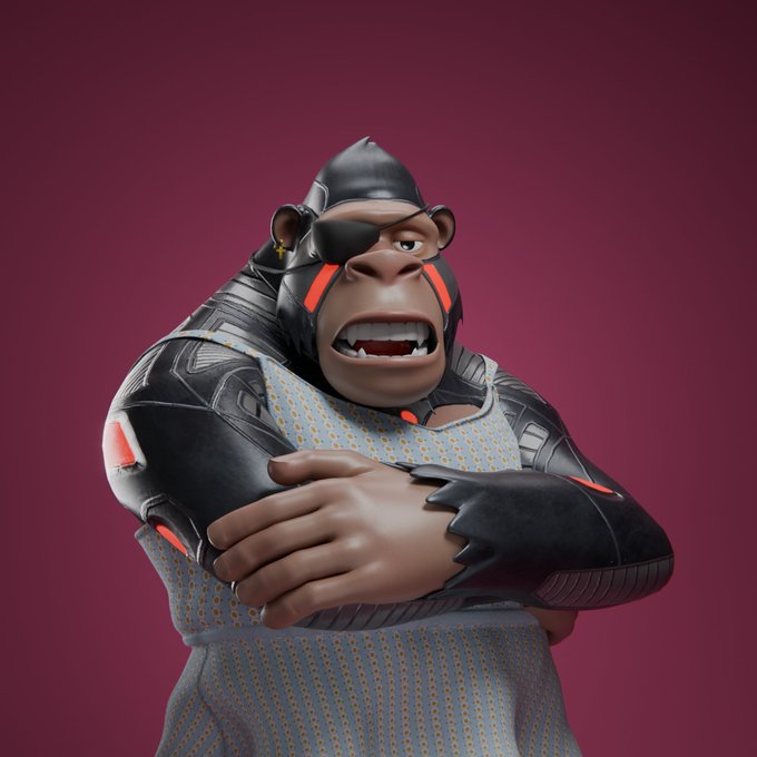 3D-rendered cyberpunk gorilla character with an eyepatch, red markings, and a tech-patterned suit against a dark magenta background.