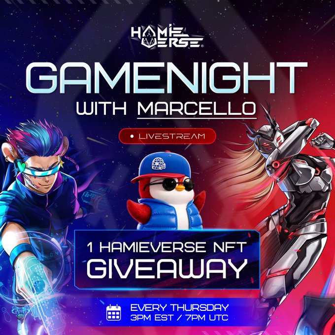 A promotional graphic for "GAMENIGHT with MARCELLO" featuring the Homeverse logo, a live livestream event with an NFT giveaway of 1 Hamieverse NFT, scheduled every Thursday at 3PM EST / 7PM UTC. The image showcases colorful character art including a blue-haired figure, a penguin in a red cap, and a futuristic armored character, visually reinforcing the gaming and NFT giveaway aspect mentioned in the accompanying Discord announcement.