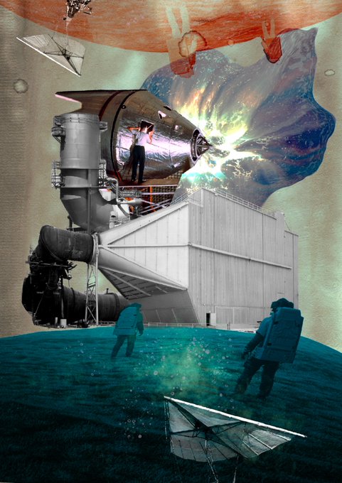 A surreal collage depicting figures working on a large industrial structure colliding with colorful cosmic and planetary elements.