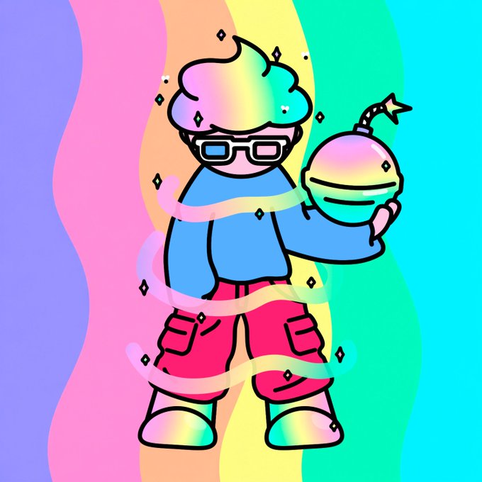 A vibrant cartoon character with rainbow hair, glasses, and a blue hoodie holds a bomb with a lit fuse, surrounded by sparkles and a flowing ribbon against a pastel rainbow background. The playful, explosive imagery matches the hyped energy of an FCFS (First Come, First Served) mint announcement where frenzy starts in 2 hours with a guaranteed allocation of up to 6 per wallet at denpaclub.app/tyb/mint.