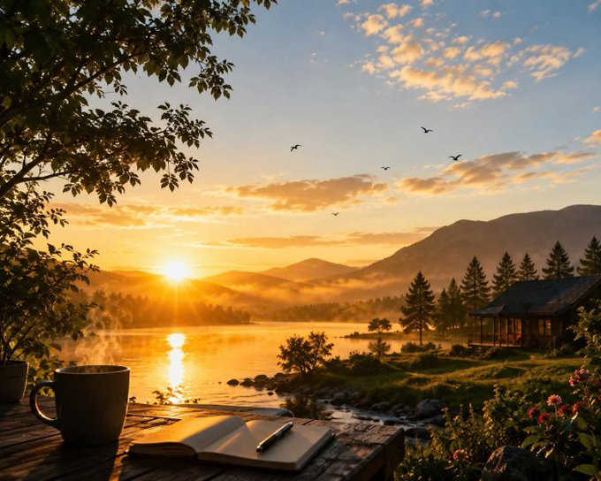 A serene landscape at sunset showing a lake, mountains, trees, a cabin, and a coffee mug with an open book and pen on a wooden table in the foreground.