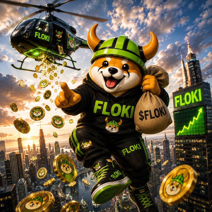 Vibrant promotional artwork for FLOKI cryptocurrency featuring a Shiba Inu mascot in black/green branded streetwear holding a money bag labeled '$FLOKI', with a helicopter dropping FLOKI coins over a city skyline with a stock chart showing upward trend.