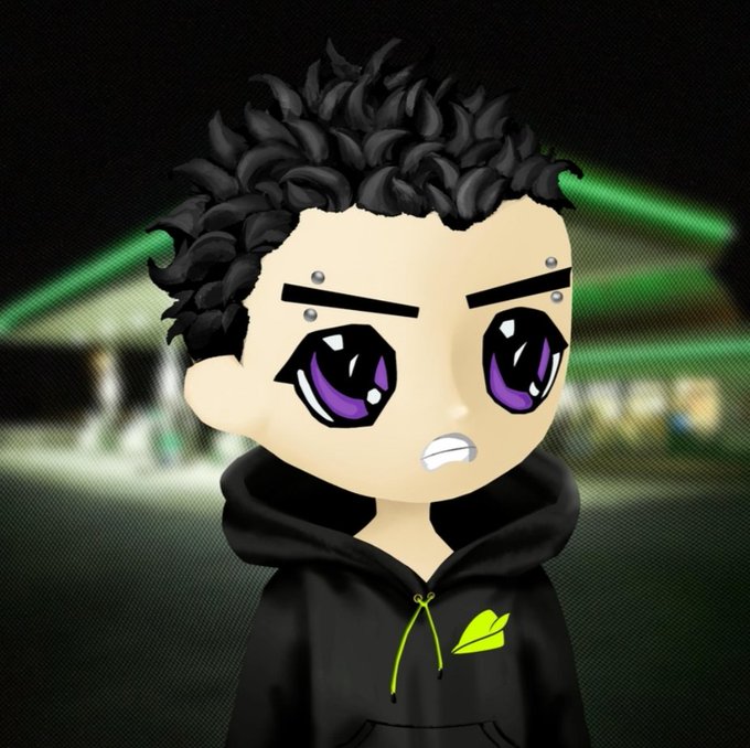 A chibi-style digital illustration of a character with messy black hair, large purple eyes, eyebrow piercings, and a black hoodie with a small green leaf logo.