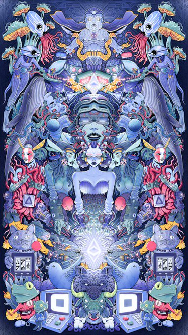 An intricate, symmetrical psychedelic illustration featuring blue-toned creatures, mushrooms, masks, and a central female figure surrounded by detailed patterns and mystical elements.