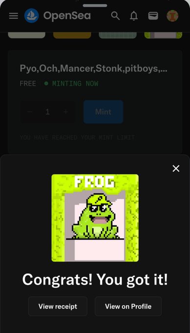 An OpenSea app screenshot showing a successful NFT mint with a green pixelated frog illustration and the text 'Congrats! You got it!' along with 'Pyo,Och,Mancer,Stonk,pitboys,... FREE MINTING NOW'.