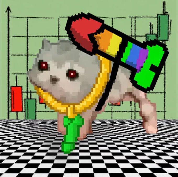A pixelated illustration of a small animal with red eyes wearing a gold chain and holding a colorful blocky object, standing on a checkered floor with a stock chart in the background.