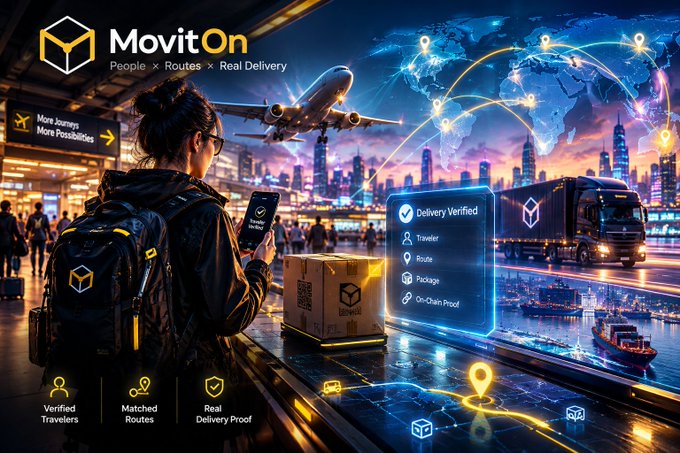 A promotional graphic for "MovitOn" featuring a woman holding a smartphone at an airport or transit hub, with a digital interface displaying "Delivery Verified" and icons for "Verified Travelers", "Matched Routes", and "Real Delivery Proof".