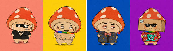 Set of four cartoon mascot characters with red-and-white mushroom heads rendered in different styles—classic, drippy, vintage, and pop-art—against colorful vertical background panels.