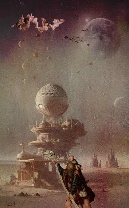 A surreal fantasy artwork depicting a bearded man carrying a child up a ladder toward a large spherical structure floating in a desert landscape, with planets and moons visible in the dusky sky.