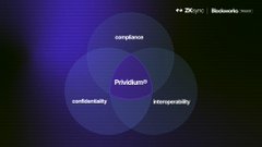A Venn diagram on a dark purple background highlights 'Privium' in the intersection of 'completion', 'confidentiality', and 'interoperability' with the text 'Blockchain' at the top.