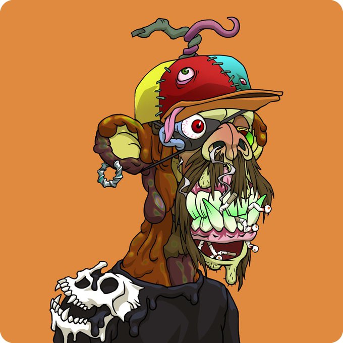 A cartoonish illustration of a grotesque, monstrous character wearing a colorful baseball cap, with exposed teeth, an extra eye, and a skull decoration on its shoulder.