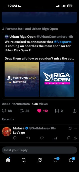 A Twitter/X post from Urban Contenders announcing FortuneJack as the main sponsor for the Urban Riga Open esports tournament, with user Mufasa (@SolMufasa) replying 'Let's go' beneath it.