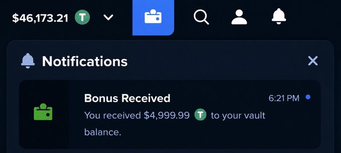 The image shows a notification panel from Stake displaying a "Bonus Received" alert of $4,999.99 (T) added to the vault balance, complementing the post celebrating a $5,000 bonus giveaway to be tipped in $500 increments.