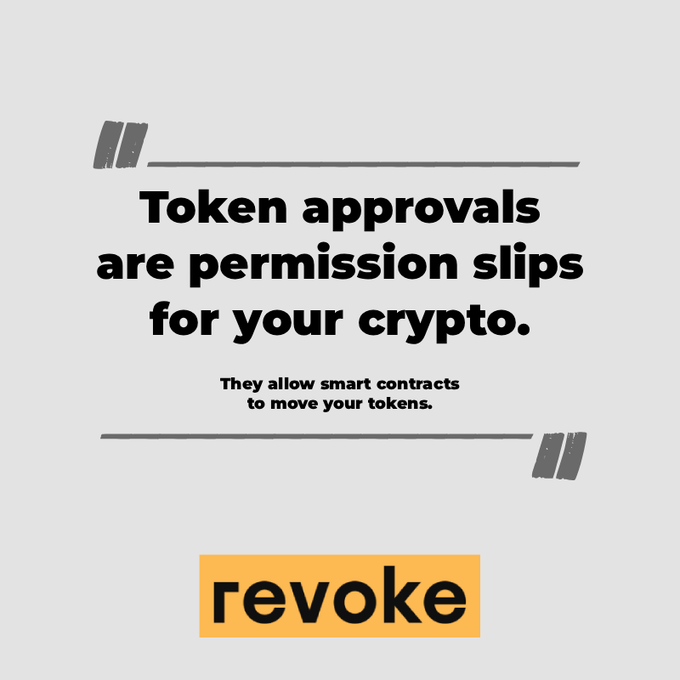 A minimalist gray infographic with bold black text explaining that "Token approvals are permission slips for your crypto," noting they "allow smart contracts to move your tokens," alongside an orange "revoke" button. The post uses a school permission slip analogy to highlight the risk of forgotten old token approvals that can still be exploited to drain assets, with the image's "revoke" call-to-action offering a solution.