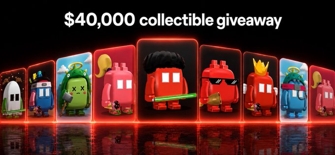 Promotional banner for a '$40,000 collectible giveaway' featuring a lineup of colorful, stylized character trading cards with various designs.