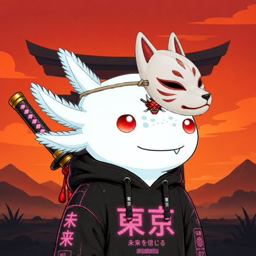 A digital illustration features a white creature with red eyes wearing a fox mask and a black hoodie with Japanese text including '東京' (Tokyo).
