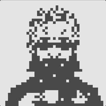 A pixel art rendering of a face in grayscale, showing a figure with curly or textured hair in a blocky, low-resolution style.