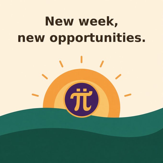 A graphic illustration with the text 'New week, new opportunities.' above a stylized sunrise over rolling hills, featuring a purple coin with the Pi Network (π) logo in the center.