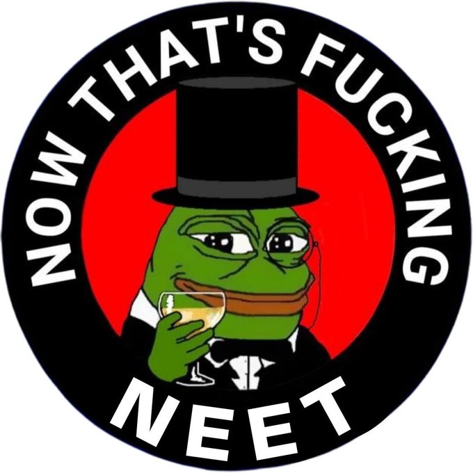 The image features a cartoon frog wearing a top hat, holding a glass of wine with a mustache. The frog's face has a big smile, giving off a happy vibe. The background of the image is red, which contrasts nicely with the white text on the image. The text "Now that's Fucking Neet" is written in black letters above and below the frog, indicating it is part of an advertisement or promotional material for something related to the cartoon character.
