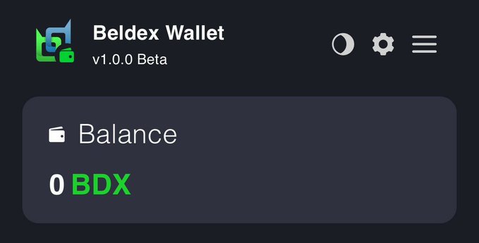 A screenshot of the Beldex Wallet v1.0.0 Beta app showing a wallet balance of 0 BDX on a dark background.