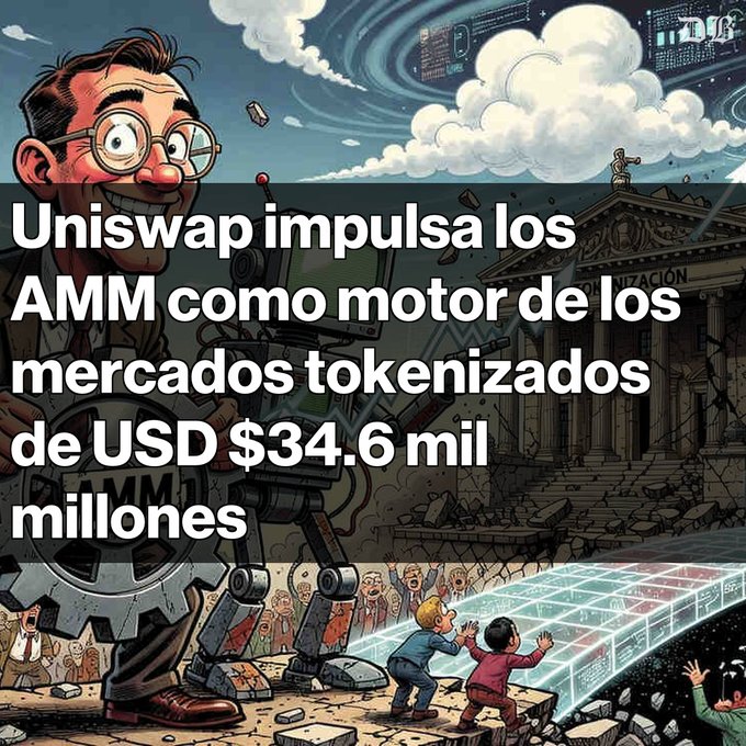 A cartoon-style illustration with Spanish text reading 'Uniswap impulsa los AMM como motor de los mercados tokenizados de USD $34.6 mil millones', showing a man with glasses and a large gear mechanism.