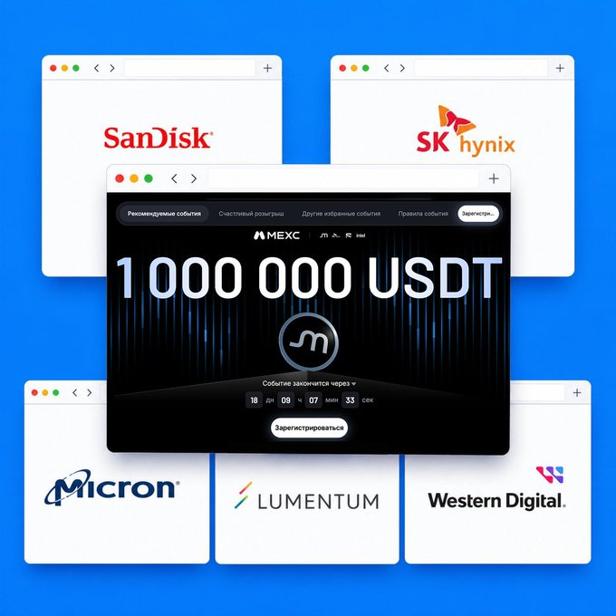 A promotional graphic displays logos for SanDisk, SK hynix, Micron, Lumentum, and Western Digital surrounding a central MEXC exchange window advertising '1 000 000 USDT' with a countdown timer in Russian.
