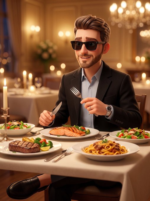 A stylized 3D animated character in a suit and sunglasses dines at an elegant candlelit table filled with steak, salmon, pasta, and salads, holding a fork and knife with a confident smile. The luxurious restaurant setting complements the post's "Afternoon frens" greeting, suggesting a sophisticated and indulgent dining moment.