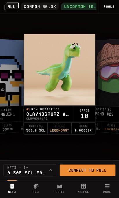 A screenshot of an NFT marketplace displaying a digital 'CLAYNOSAURZ' item with a grade of 10 and legendary class, listed at a backing of 500.0 SOL with odds of 0.000302%.