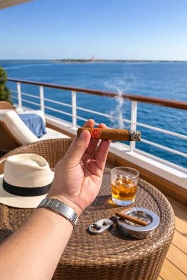 A hand holding a lit cigar on a sunny balcony overlooking the ocean, with a glass of whiskey, a hat, and an ashtray on a wicker table.