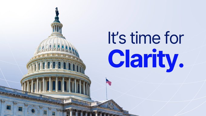 The image features a large white building, likely the United States Capitol, with a banner above it that reads "It's time for clarity". The text below the image encourages people to support a bill called the Clarity Act, which would clarify rules for digital asset markets and promote competitiveness in the financial industry.