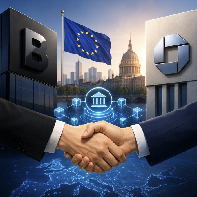 A digital illustration depicting two businessmen shaking hands in front of stylized buildings with logos "B" and an industrial symbol, an EU flag, a government dome, and blockchain network graphics overlaying a map of Europe.