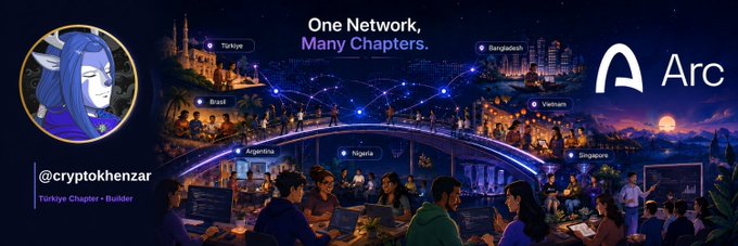 A banner featuring a wolf avatar and the text '@cryptokenzar Türkiye Chapter + Builder' on the left, with 'One Network, Many Chapters.' displayed above a global scene highlighting locations like Türkiye, Brasil, Argentina, Bangladesh, Vietnam, Nigeria, and Singapore, alongside the Arc logo.