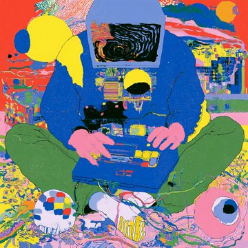 A colorful, psychedelic illustration of a figure wearing a VR headset and headphones, sitting cross-legged with hands on a laptop, surrounded by vibrant abstract shapes and colors.