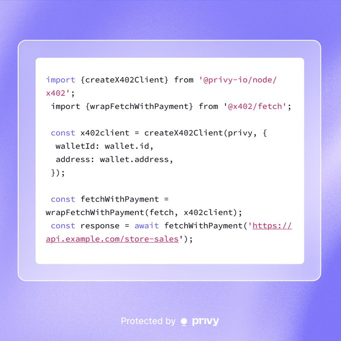 A purple-themed code snippet displays TypeScript code for creating an X402 client and wrapping fetch with payment functionality, branded with 'Protected by privy' at the bottom.