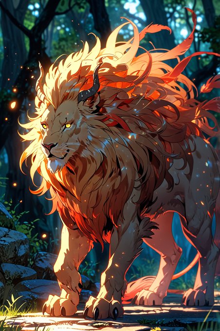 A fantasy-style digital artwork of a majestic lion with glowing orange and red flames making up its mane, standing in a mystical forest setting.