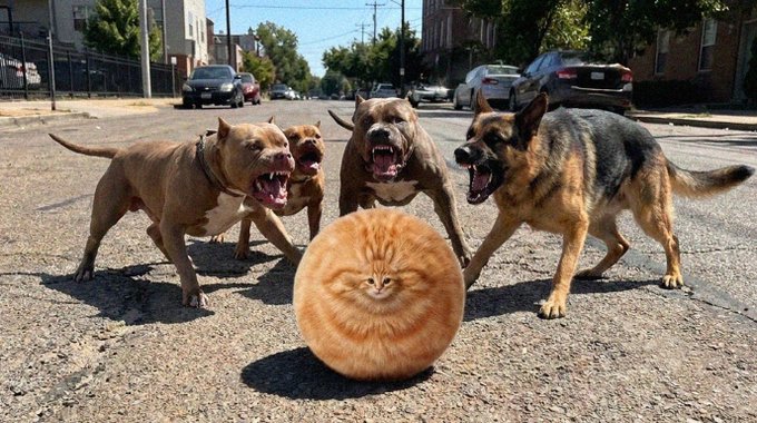 Four aggressive dogs surround a remarkably round orange cat on a city street, humorously titled "Pumpo" in the caption, which promotes the cat as "the roundest cat in the world" alongside a Solana wallet address (3YoRev9nE1AcTaSDCRBwP2brAZoUWrsVWF7Gr96npump), suggesting this is a meme coin promotion featuring the cat's surreal appearance.