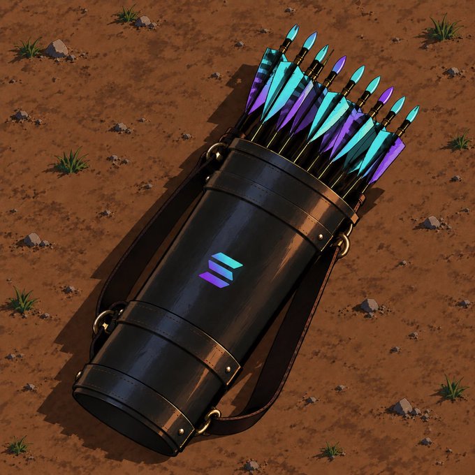 A digital illustration of a black leather quiver filled with glowing blue and purple crystalline arrows, resting on a dirt ground with sparse grass, featuring a blue Solana logo emblem.