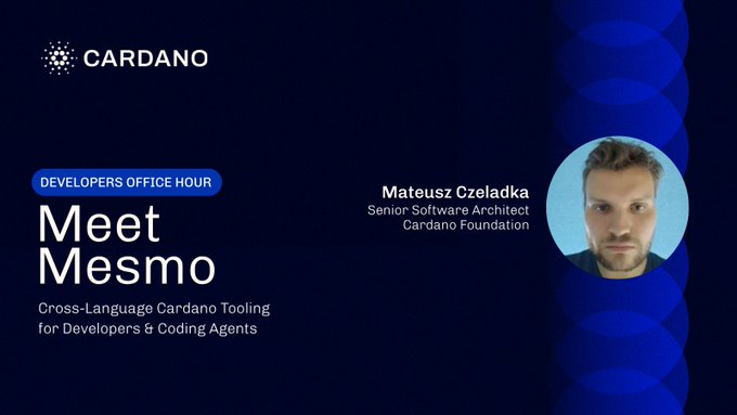 A promotional graphic for Cardano's Developer Office Hour titled "Meet Mesmo," featuring a headshot of Mateusz Czeladka, Senior Software Architect at the Cardano Foundation. The image highlights his presentation on Mesmo, a cross-language Cardano tooling solution designed for developers and coding agents using Java, Python, Go, Rust, and TypeScript.