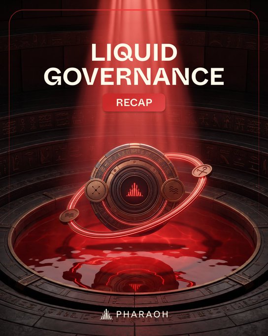 A red-toned graphic for a 'LIQUID GOVERNANCE RECAP' featuring a 3D metallic emblem with cryptocurrency symbols and the 'PHARAOH' logo at the bottom.