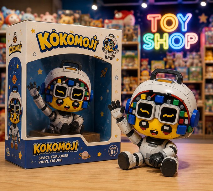 A toy store display featuring a 'Kokomoji' Space Explorer Vinyl Figure (ages 8+) in its packaging alongside the figure itself—a cute yellow-faced astronaut character with colorful buttons on its helmet—set against a colorful 'TOY SHOP' neon sign.