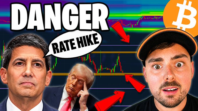A YouTube-style thumbnail with 'DANGER' in bold letters and a speech bubble reading 'RATE HIKE', featuring a Bitcoin logo and two men's faces against a candlestick chart background.