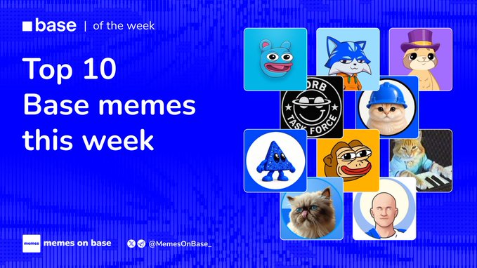 The image is a graphic promoting "Top 10 Base memes this week" from "Memes on Base" (@MemesOnBase_), featuring a collage of nine meme character icons—including cats, a blue triangle, a monkey, and others—against a blue background. The accompanying post lists rankings for top meme coins like $BRETT (~$53M), $TOSHI (~$49M), and $DEGEN (~$39M), which correspond to some of the characters shown, such as the blue cat for Brett and the blue triangle for DRB.