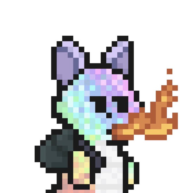 A pixel art character with purple and blue features, dark eyes, and a yellow and orange fiery element extending from its side.