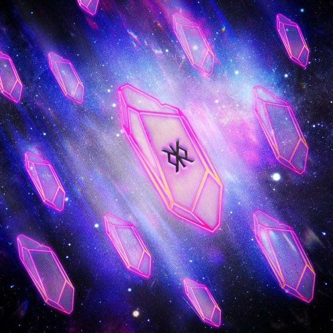 A central pink neon-outlined crystal with a rune-like symbol floats amid a starry galaxy, surrounded by smaller matching crystals, evoking the cosmic arrival and discovery of Runestone ordinals on Bitcoin. The glowing rune centerpiece visually mirrors the symbolic moment of receiving a $DOG airdrop from the Runestone inscription.