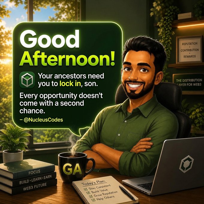 An illustrated promotional graphic featuring a smiling man at a desk with a 'GA' mug, with a green speech bubble reading 'Good Afternoon! Your ancestors need you to lock in, son. Every opportunity doesn't come with a second chance. – @NucleusCodes'.
