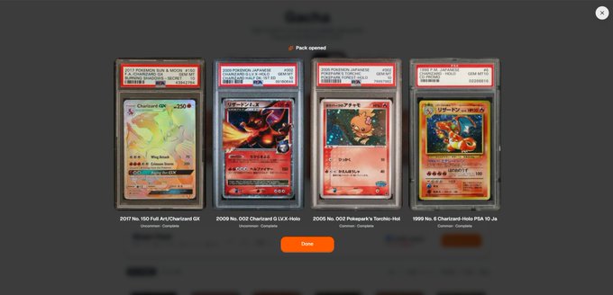 A screenshot of a Pokémon card pack opening showing four graded cards: a 2017 Charizard GX, 2002 Charizard, 2005 Politoed, and 1999 Charizard PSA 10.
