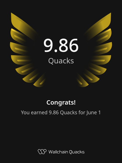 The image features an advertisement for Quacks, which is a social media platform that allows users to share content with their followers. The main focus of the image is a gold-colored logo with wings, symbolizing the Quacks brand. Below this logo, there's text that congratulates the user on their achievement and informs them they've earned 9.86 Quacks for June 1st. This accomplishment could be related to any number of activities or achievements, such as reaching a certain milestone in their personal or professional life, participating in an online competition, or simply gaining recognition from others through their content. The post encourages users to share the image with their followers and mentions that they can integrate Gmail and linkedIn into their posts for better engagement.