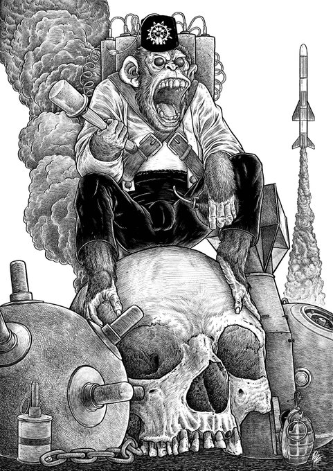 A detailed black and white illustration of a screaming chimpanzee wearing a military cap and jetpack, sitting atop a large skull, with a rocket launching in the background.