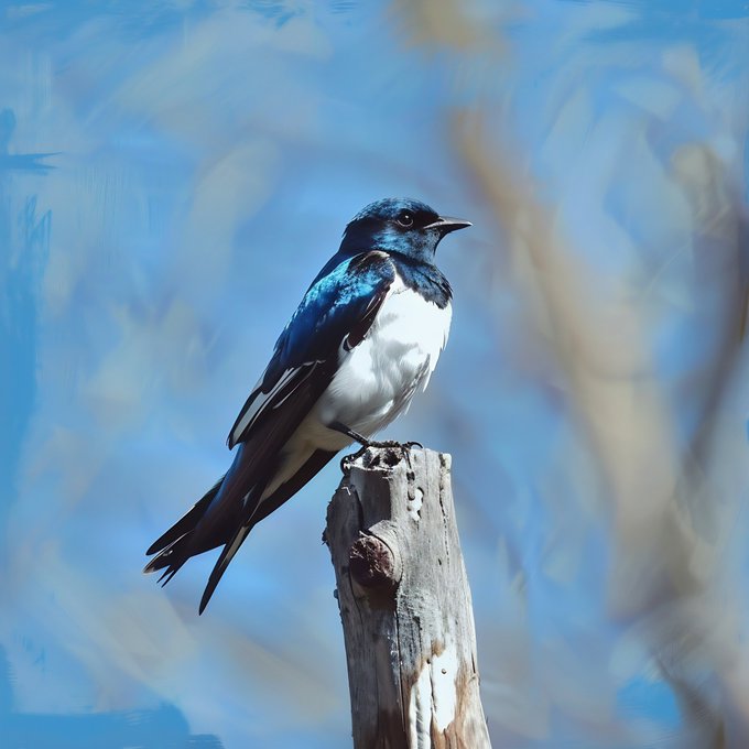 A blue and white bird, possibly a swallow, perched on a wooden post against a soft blue background.